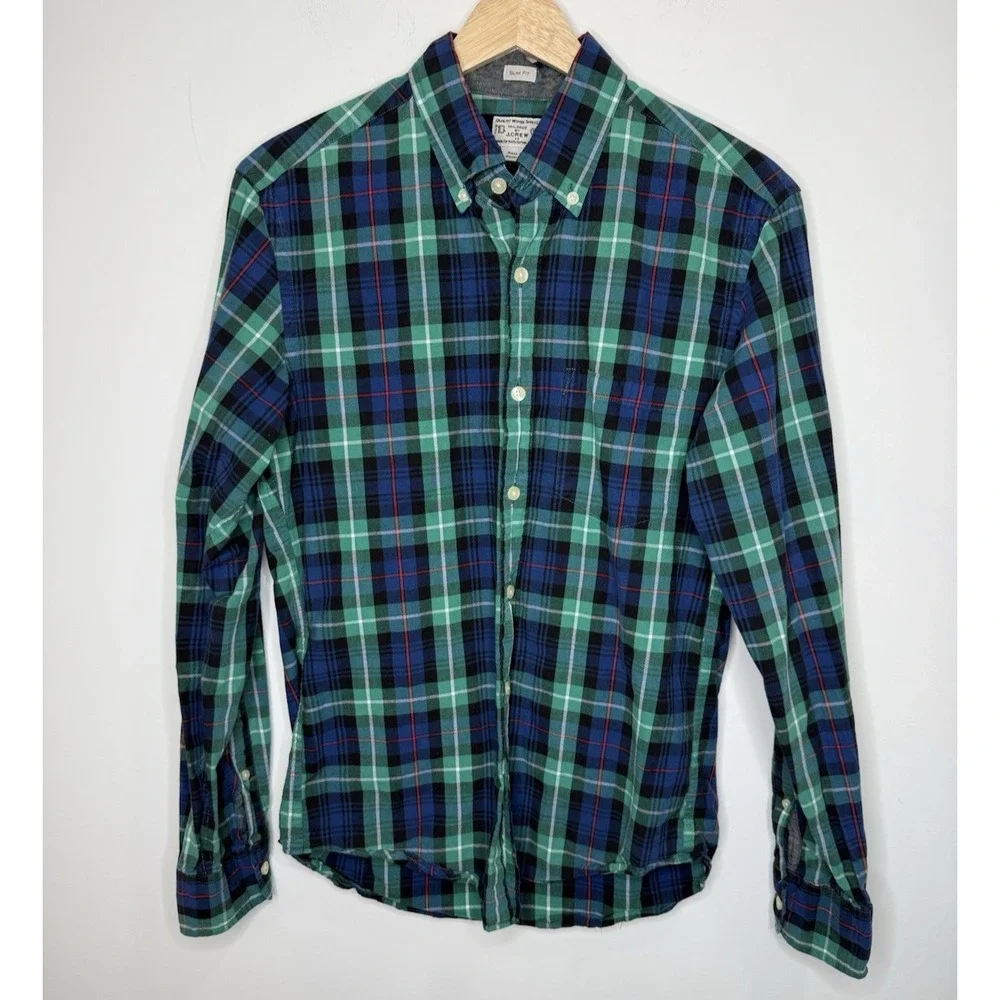 J.Crew Plaid Button Down Shirt Mens S Slim Fit Green Preppy Holiday Long‎ Sleeve